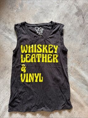 Chaser Black Graphic Tank with Yellow "Whiskey Leather & Vinyl" Print